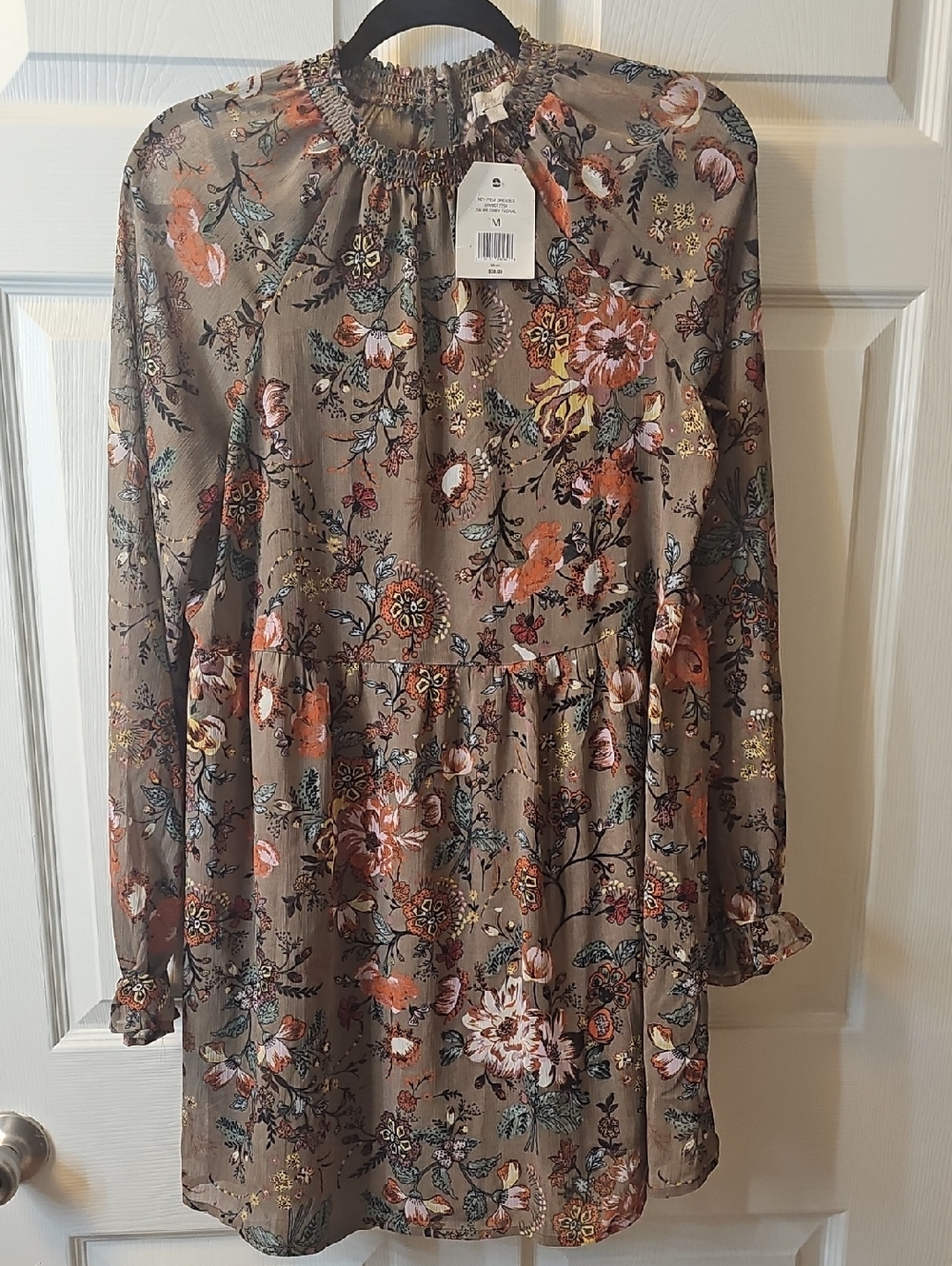 Wonderly Taupe Floral Smocked Neck Dress, M